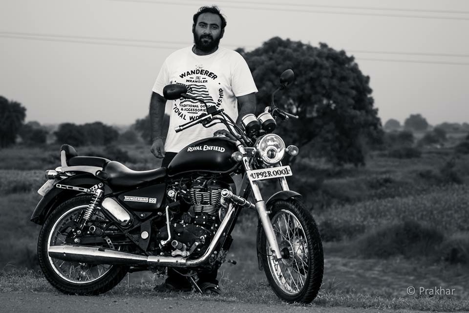 Prakhar with Royal Enfield Thunderbird 500 — B&W
